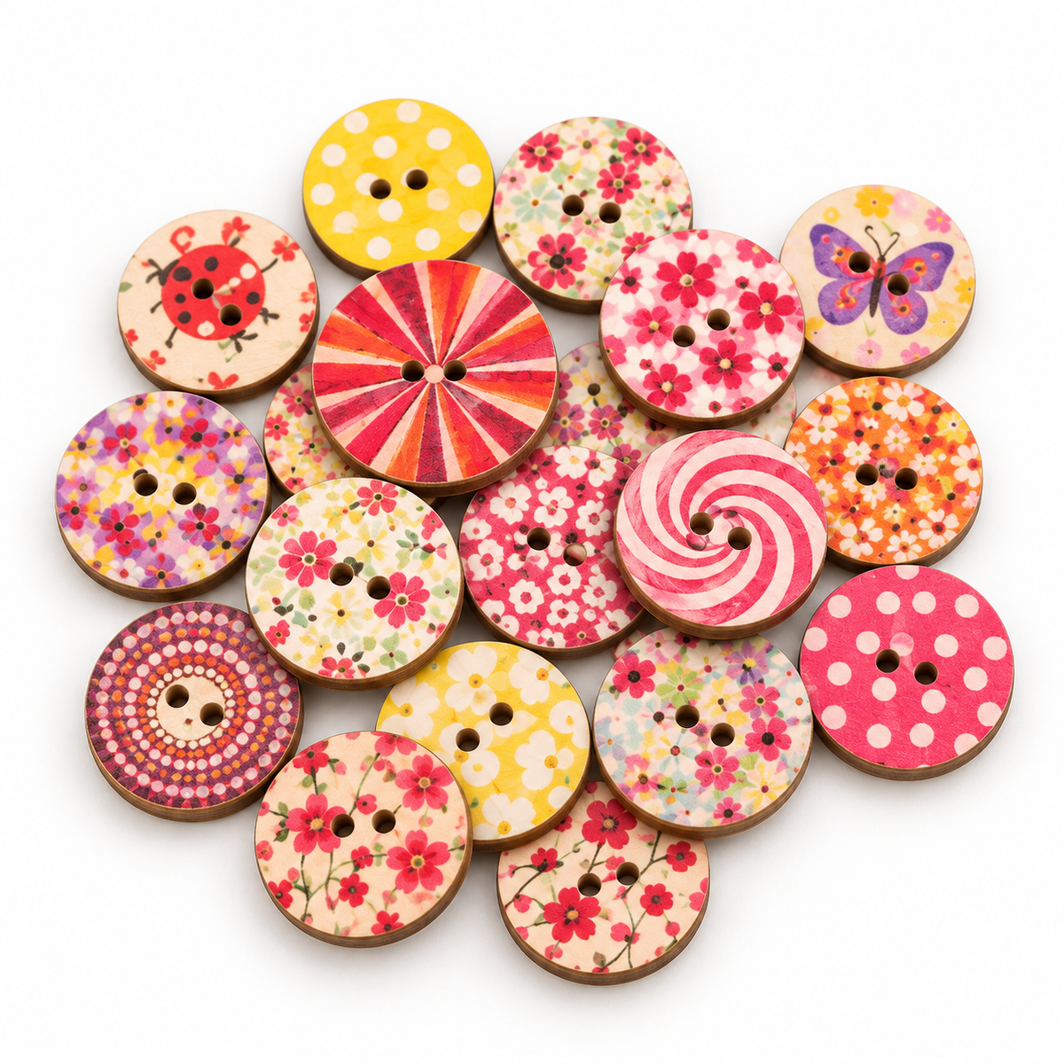 Broad-wing butterfly wooden button in the 20 by 29 mm size variant