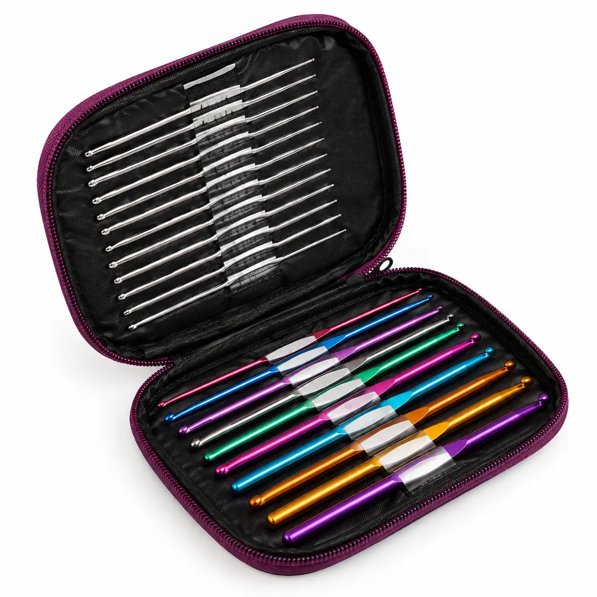 Colourful crochet hook set open in black and purple carry case