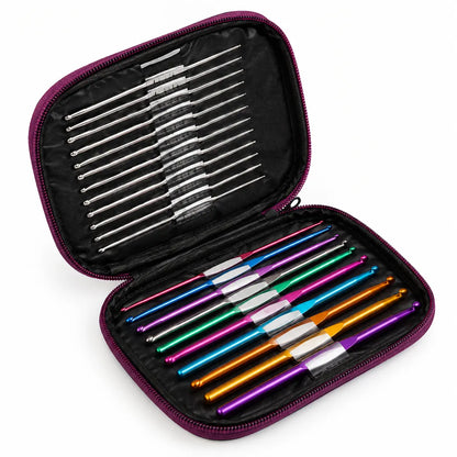 Colourful crochet hook set open in black and purple carry case
