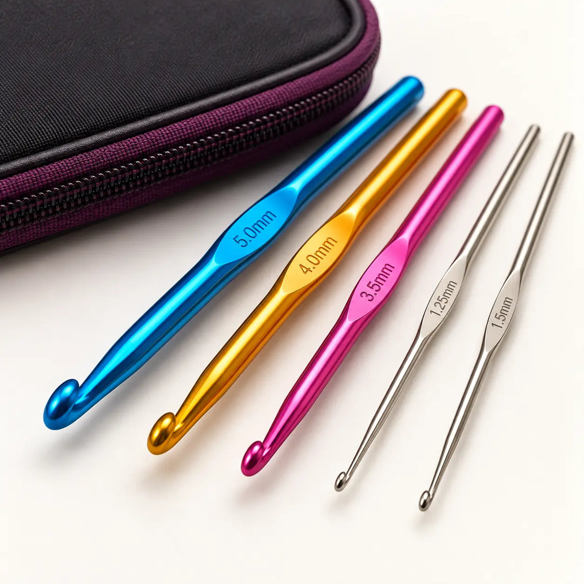 Fine steel and colourful aluminium crochet hook detail