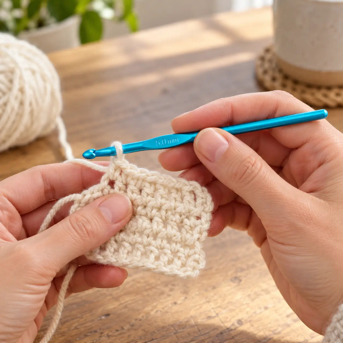 5.0 mm turquoise aluminium crochet hook in use; yarn not included