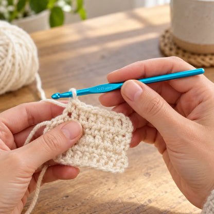 5.0 mm turquoise aluminium crochet hook in use; yarn not included