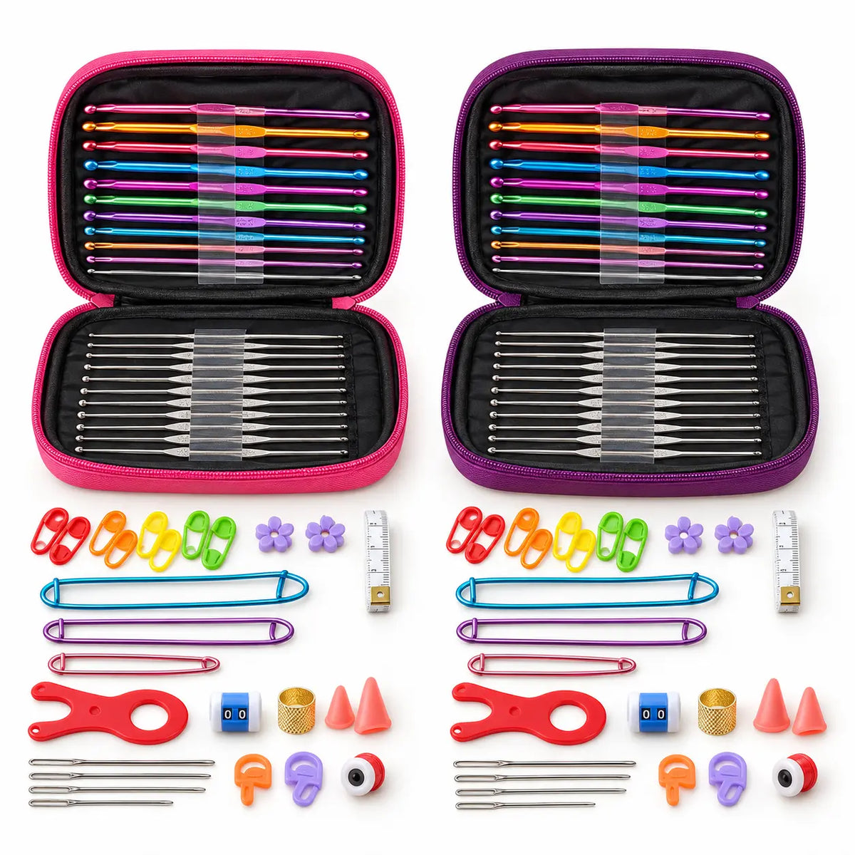 Complete crochet tool kit in Rose Pink and Purple storage cases