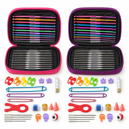 Complete crochet tool kit in Rose Pink and Purple storage cases