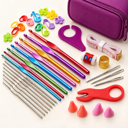 Complete crochet tool kit hooks, stitch markers, measuring tools and notions detail