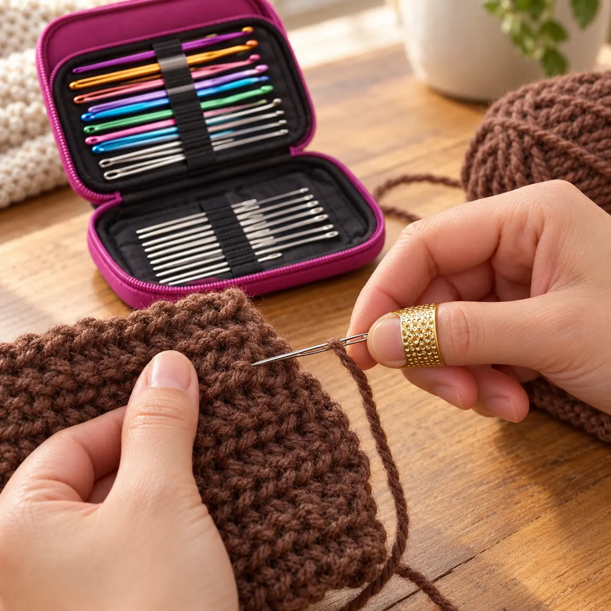 Included thimble and yarn needle in use; yarn not included