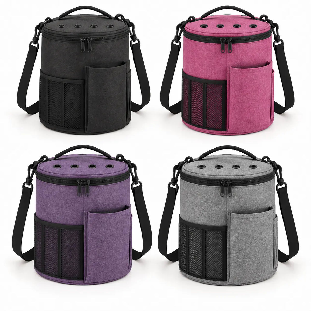 Cylindrical yarn organizer bag in black, rose pink, purple and grey