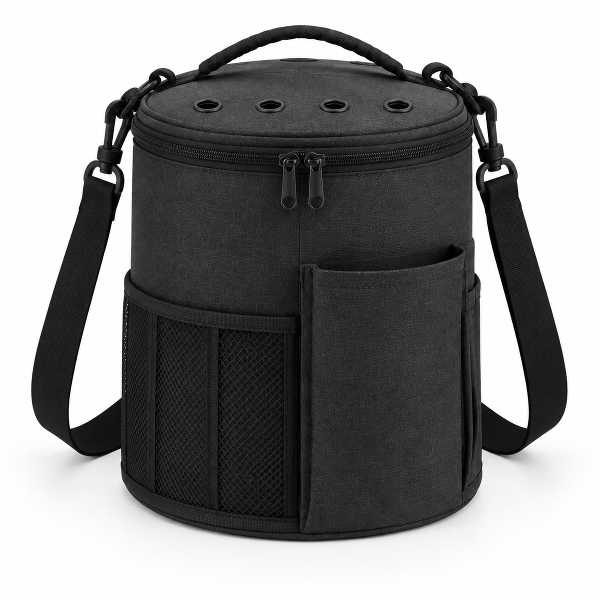 Black cylindrical yarn organizer bag variant