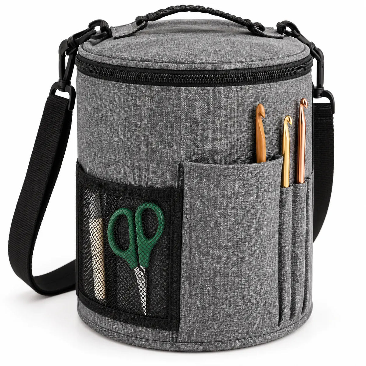 Grey cylindrical yarn organizer bag exterior pocket and zipper detail