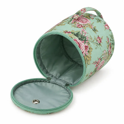Green Peonies round fabric yarn tote open to show the lined interior