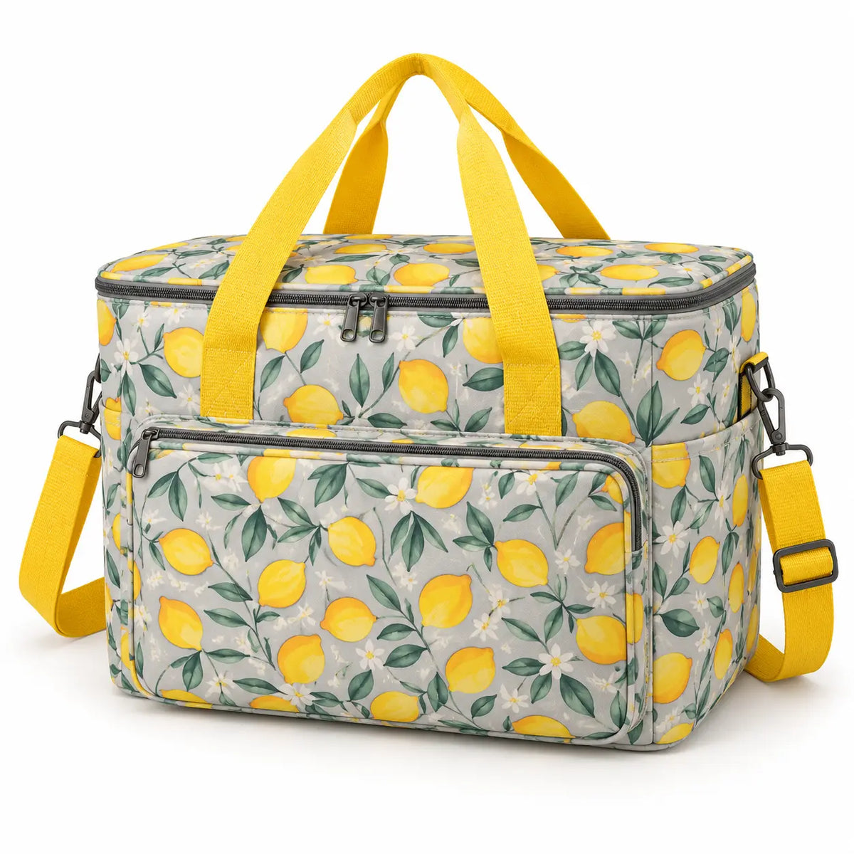 Large lemon-print yarn storage tote with yellow handles and shoulder strap