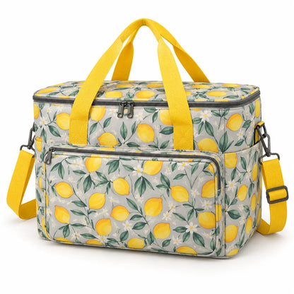 Large lemon-print yarn storage tote with yellow handles and shoulder strap