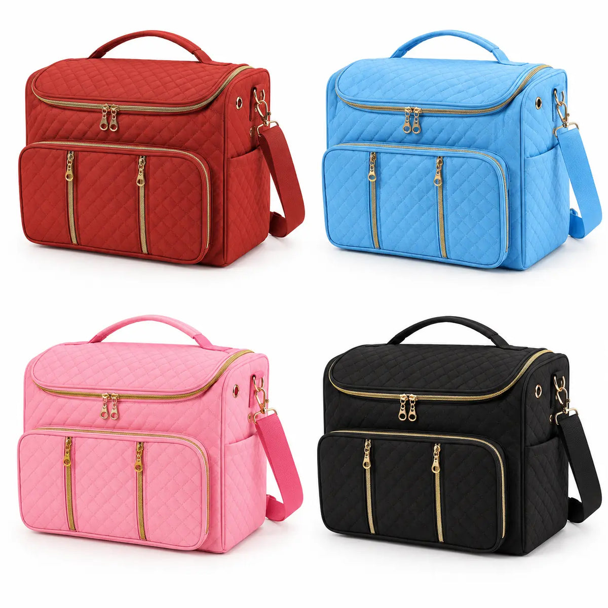 Large multi-pocket yarn storage bag in red, blue, pink and black