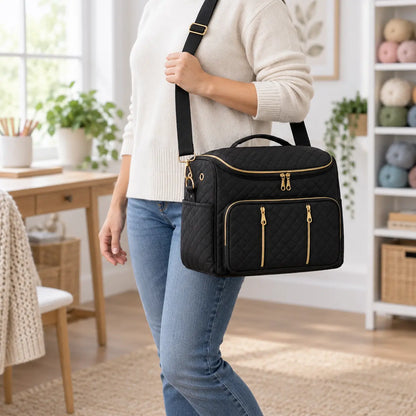 Black multi-pocket yarn storage bag carried at hip height with shoulder strap