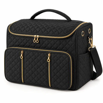 Black multi-pocket yarn storage bag quilting, zippers, eyelets and strap detail