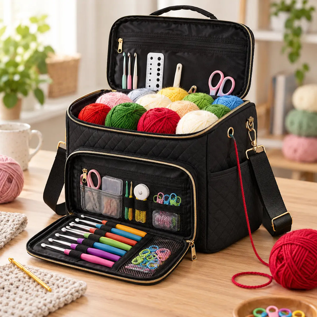 Black multi-pocket yarn storage bag open with yarn and tools for demonstration; accessories not included