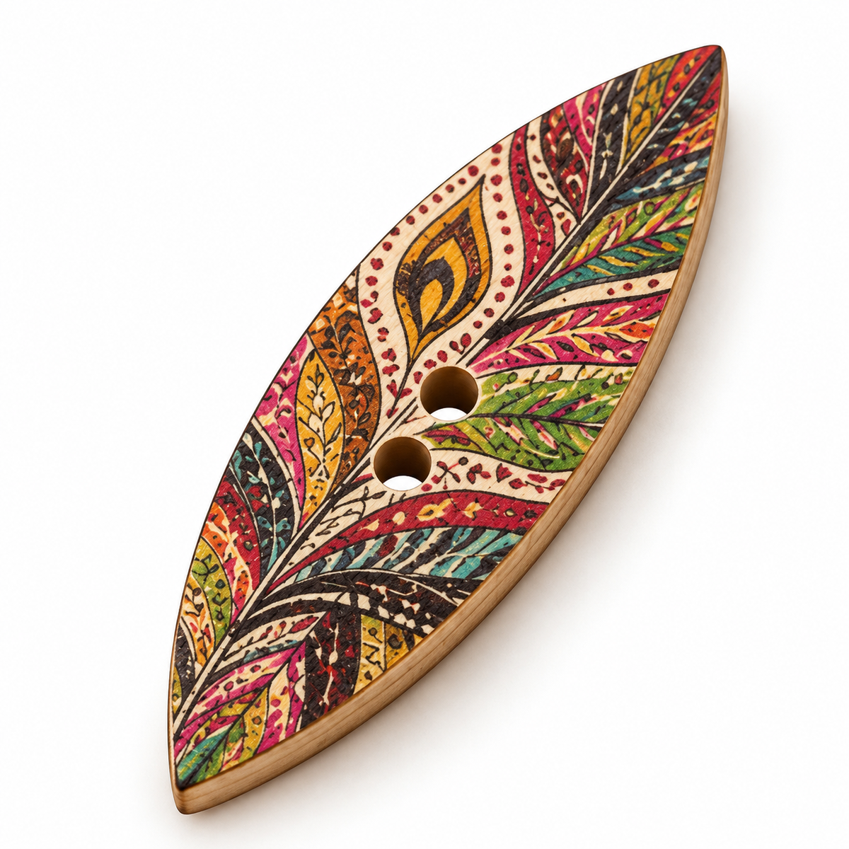 Long leaf-shaped wooden button in the 15 by 42 mm size variant