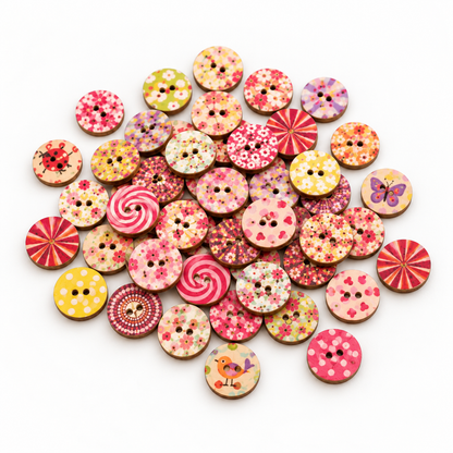 Assorted mixed-pattern wooden buttons in the 15 mm size variant