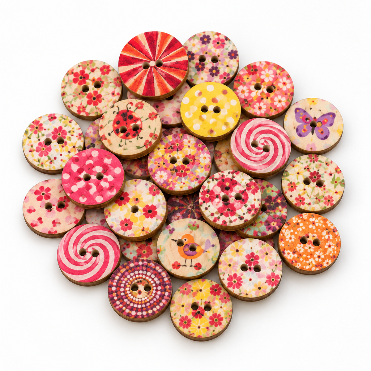 Assorted mixed-pattern wooden buttons in the 20 mm size variant