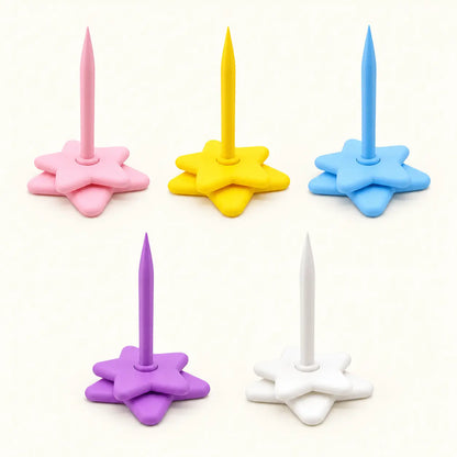 Rotating star yarn holders in pink, yellow, blue, purple and white