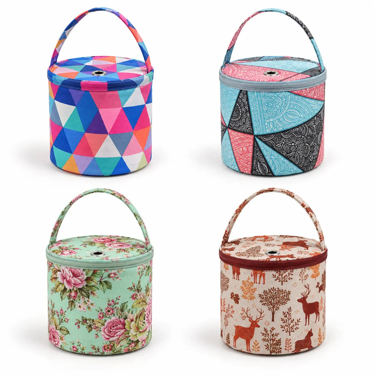 Round fabric yarn totes in Geometric Triangle, Blue Geometric, Green Peonies and Woodland Deer prints