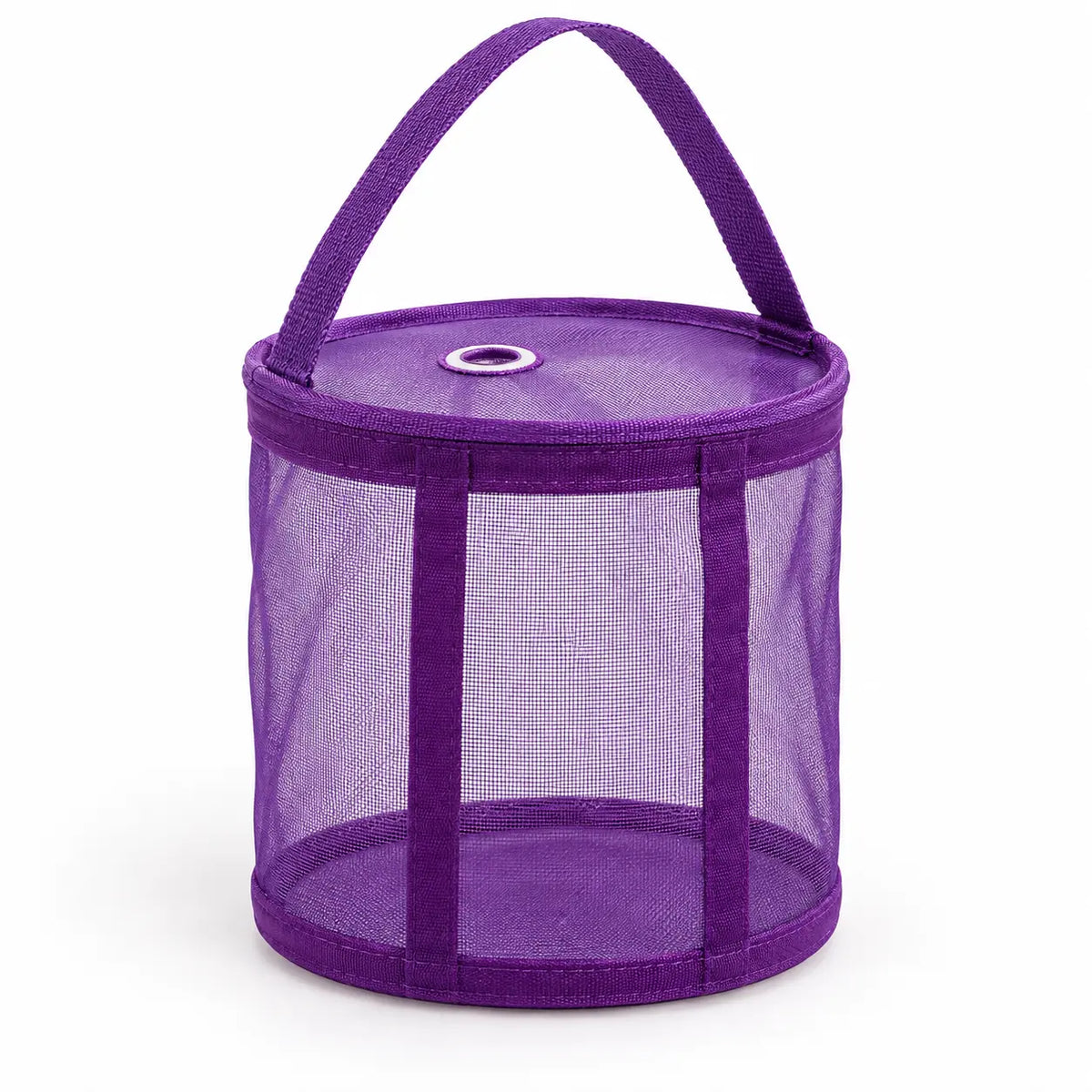 Small purple mesh yarn storage bag showing transparent mesh, handle and top feed opening