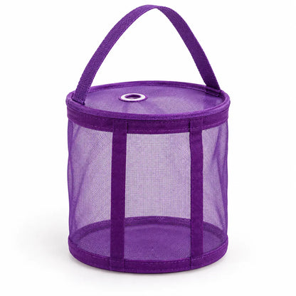 Small purple mesh yarn storage bag showing transparent mesh, handle and top feed opening