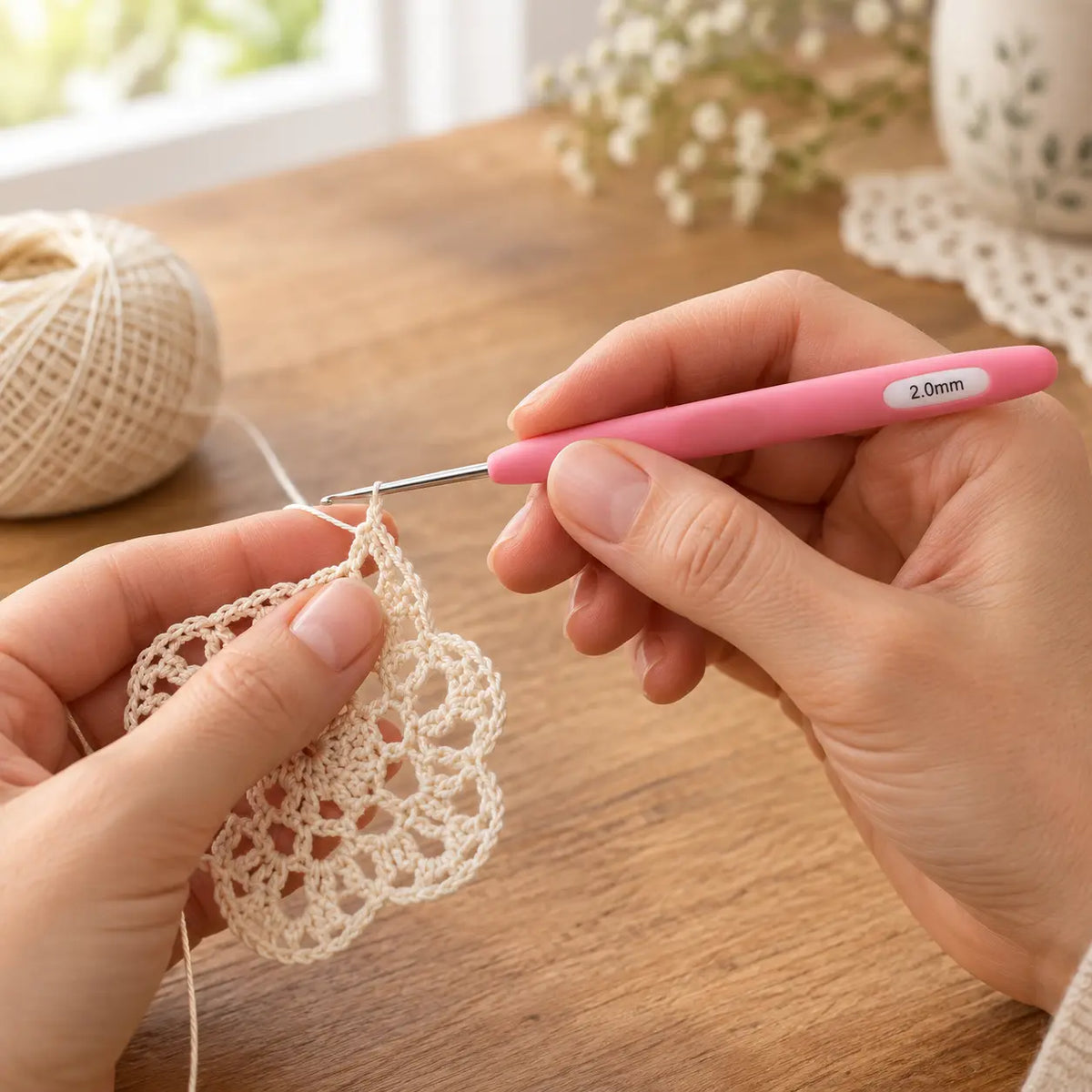 Fine soft-grip crochet hook in use on lace; thread not included