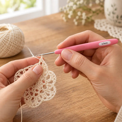 Fine soft-grip crochet hook in use on lace; thread not included