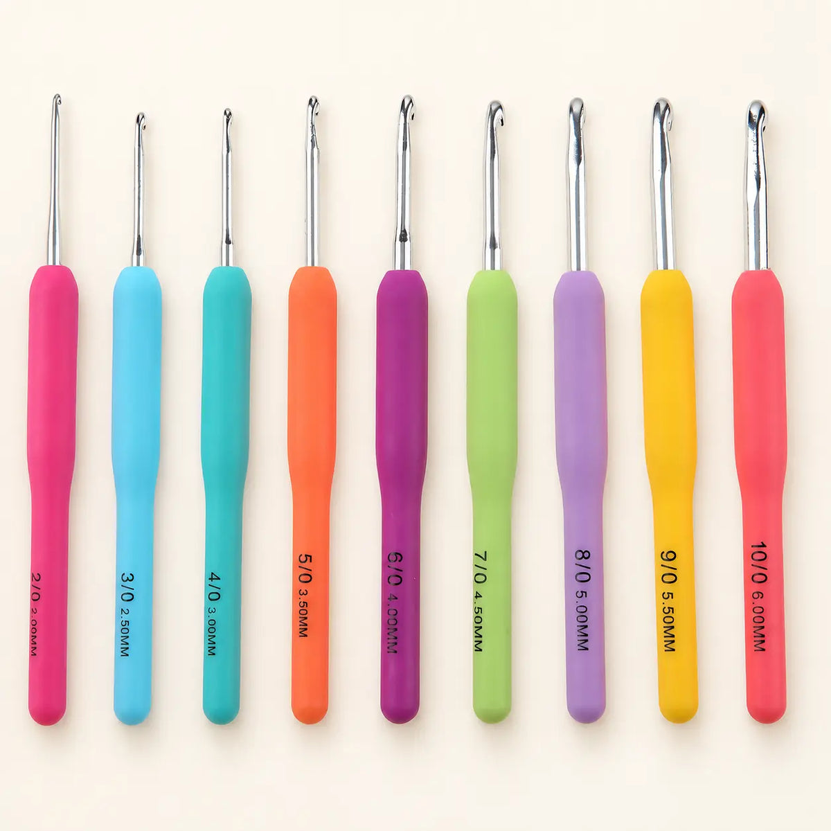 Nine-piece soft-grip crochet hook set in sizes 2.0 to 6.0 mm