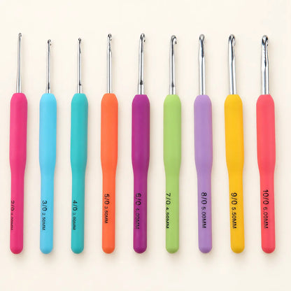 Nine-piece soft-grip crochet hook set in sizes 2.0 to 6.0 mm