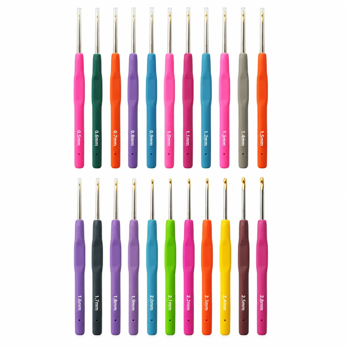 Complete 22-piece soft-grip lace crochet hook option in two 11-piece ranges