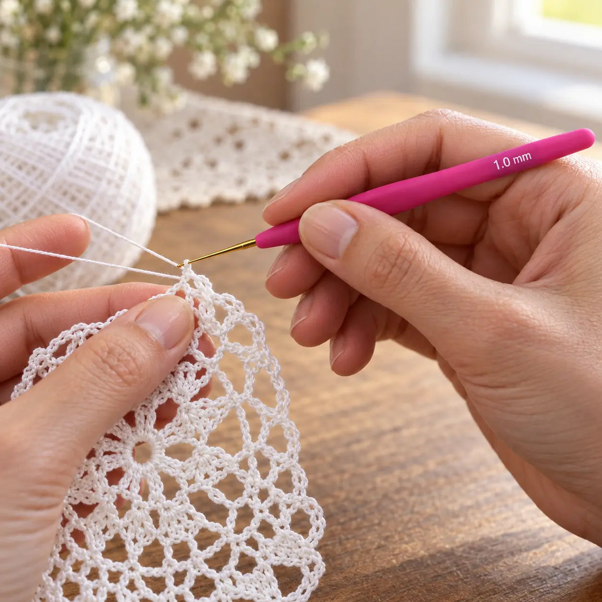 1.0 mm soft-grip lace crochet hook in use; thread not included