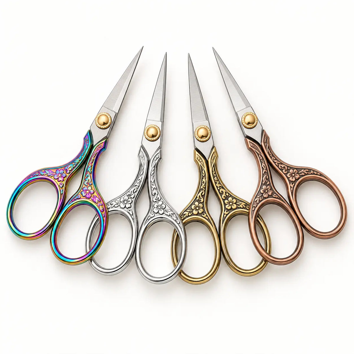Vintage-style embroidery scissors in four assorted metal finishes