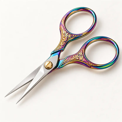 Iridescent vintage-style embroidery scissors handle and blade detail