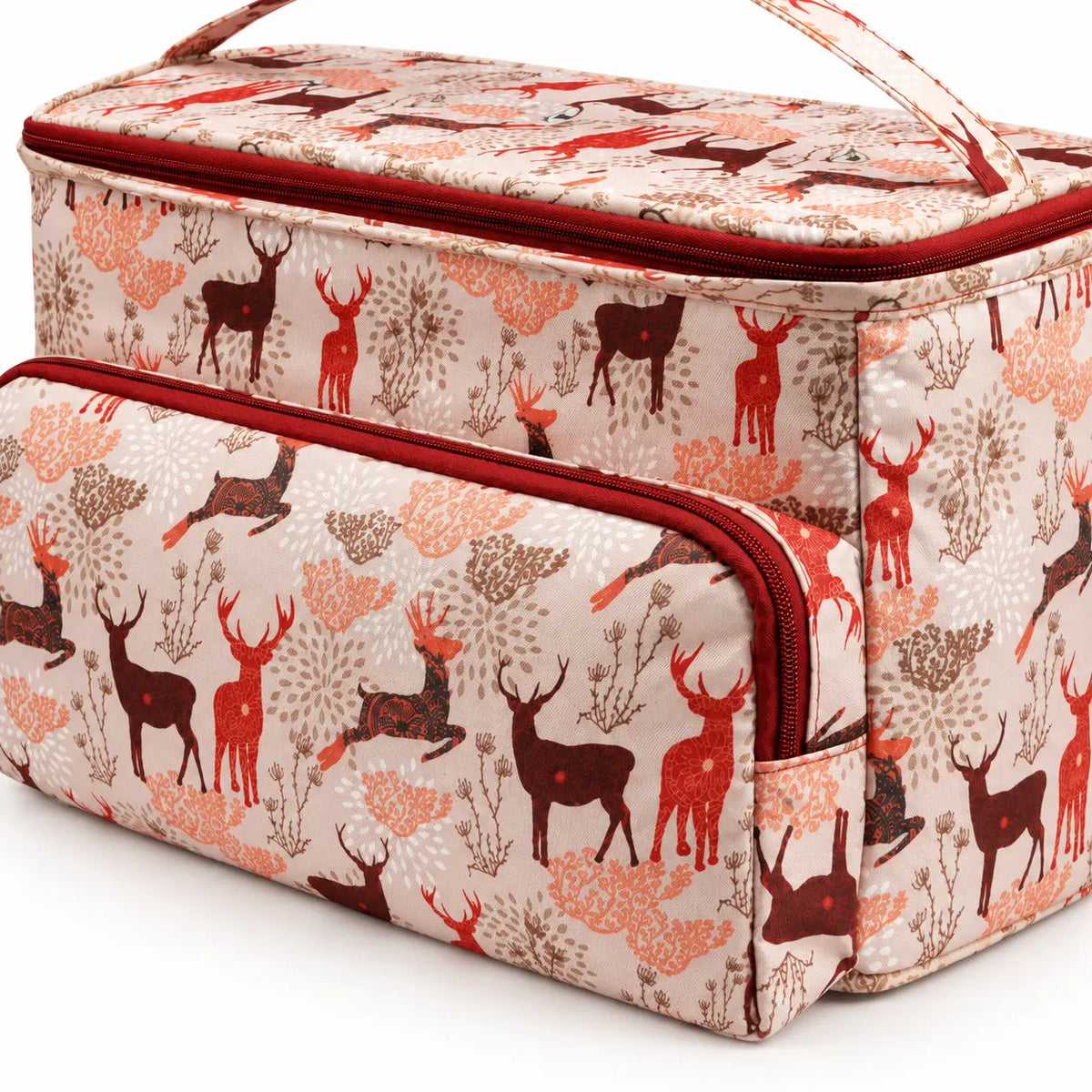 Woodland yarn storage tote front pocket, stitching and zipper detail