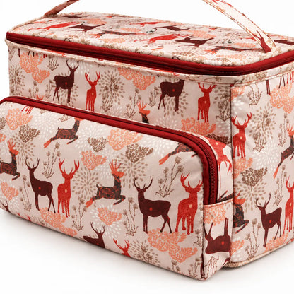 Woodland yarn storage tote front pocket, stitching and zipper detail