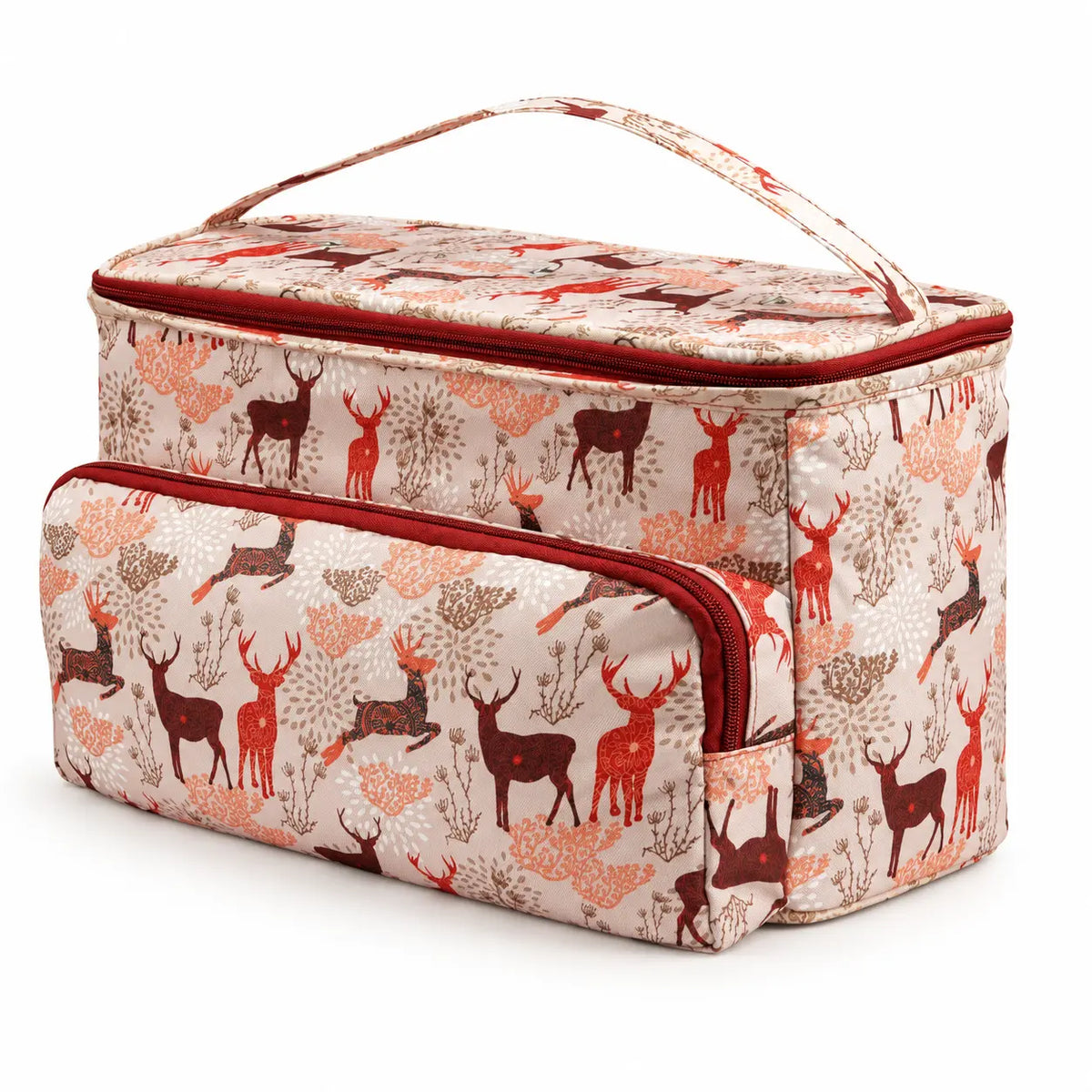 Water-resistant woodland-print yarn storage tote with burgundy zippers