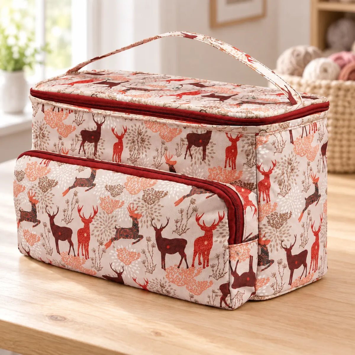 Woodland-print yarn storage tote on a craft-room table