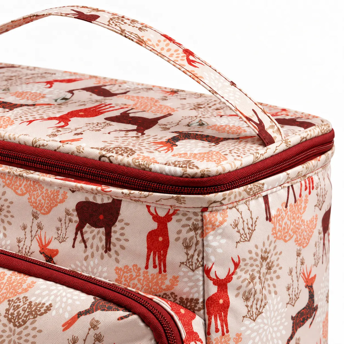 Woodland yarn storage tote top handle, piping and zipper detail